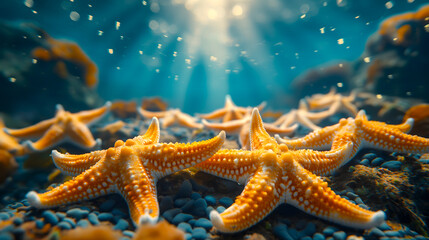 Starfish on a coral reef in the sea. Underwater photography. - obrazy, fototapety, plakaty