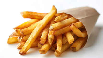 French fries in paper bag on white background, closeup. Food delivery