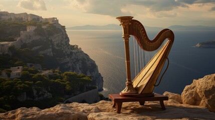 Lyre's music on cliff brings forth breathtaking transformations in mythical land - obrazy, fototapety, plakaty