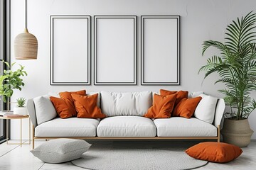 Four empty vertical picture frames in a modern living room with white sofa, orange pillows and plants. Wall art mockup set of 4 posters.