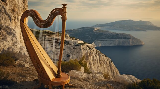 Lyre overlooks mythical landscape from cliff music transforms vistas dramatically