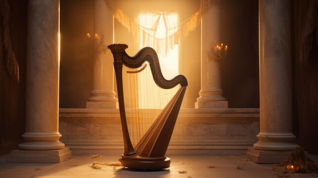 Ethereal temple lyre radiates celestial glow music notes as guardian spirits