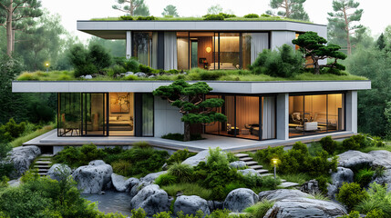 3d rendering of modern cozy house for sale or rent in luxurious style and beautiful landscaping on...