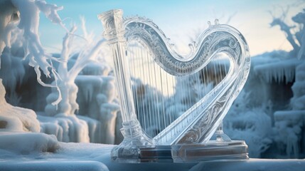 Music from ice lyre freezes air creating beautiful surrounding ice sculptures - obrazy, fototapety, plakaty
