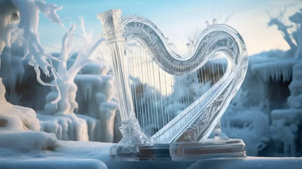Fotobehang Music from ice lyre freezes air creating beautiful surrounding ice sculptures © javier