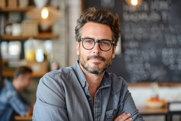 A man with glasses is sitting at a table in a restaurant. He is smiling and he is enjoying his time