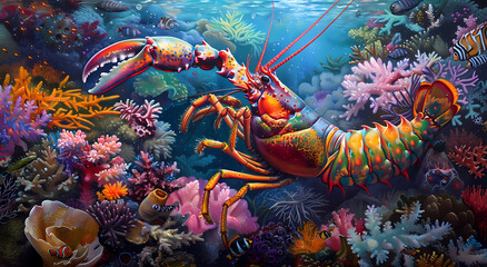 underwater scene featuring a colorful lobster - obrazy, fototapety, plakaty