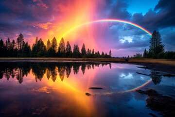 Stunning rainbow reflected in the calm waters of a picturesque lake - Powered by Adobe