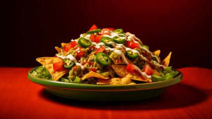 A  image of a loaded plate of nachos on a vivid green background, highlighting the toppings.