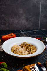Italian pasta bolognese. Top view.