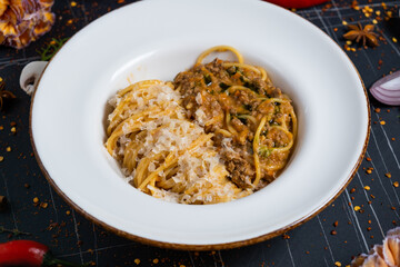 Italian pasta bolognese. Top view.