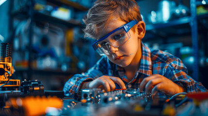 A young boy wearing safety goggles is working on a project. Concept of curiosity and exploration, as the child is engaged in a hands-on activity