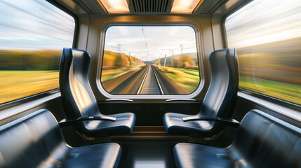 A train car with two seats and a window. The train is moving and the view outside is blurry - obrazy, fototapety, plakaty