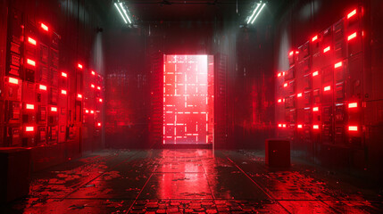 A red room with a red door. Scene is intense and dramatic