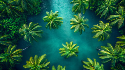Top view of palm trees on the tropical beach. Nature background.