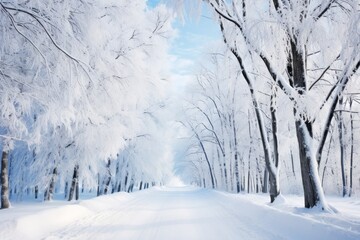 A snow-covered road in a winter wonderland, perfect for holiday themes