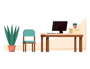 Image of office furniture background. The illustration depicts a desk decorated with a dynamic cartoon pattern that adds color and personality to any space. Vector illustration.