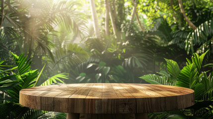 A wooden table with a round top in a jungle setting. The table is surrounded by lush green foliage and trees. The scene is peaceful and serene, with the sunlight filtering through the leaves