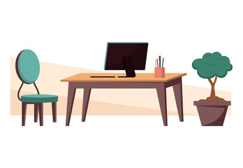 Image of office furniture background. This illustration shows a busy workplace that combines whimsical elements with practicality on a white background. Vector illustration.