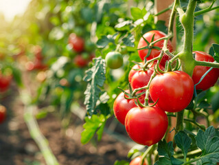 A bunch of ripe red tomatoes hanging from a plant. The tomatoes are ripe and ready to be picked