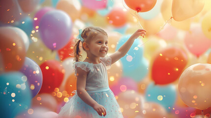 Fototapeta na wymiar Joyful young girl with a cluster of pastel balloons on a bright, sunny day ,Portrait of the cute little girl in retro style over balloons background