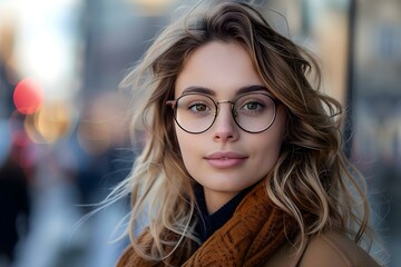 Confident young woman in glasses effortlessly navigating a bustling cityscape. Concept City Life, Confidence, Urban Fashion, Eyeglasses Style, Young Professional