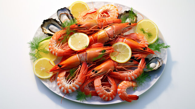 A  image of a plate of seafood with lemon slices on a clean white background.
