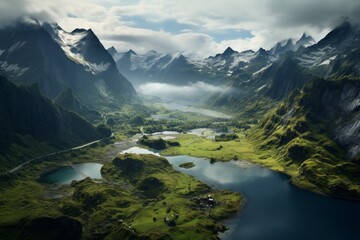 Aerial shot of a serene lake nestled in the midst of towering mountains