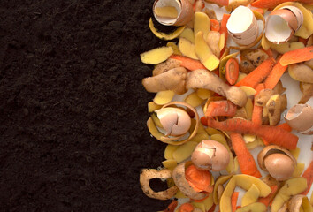 Compost and composted soil in the form of a compost heap of rotting kitchen waste with fruit and...