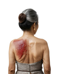Boil infection on the back shoulder of an elderly asian woman on transparent background