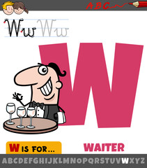 letter W from alphabet with cartoon waiter character