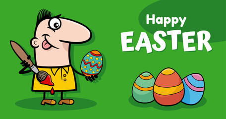 cartoon man painting Easter egg greeting card design