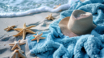 Blue towel with hat and summer beach - obrazy, fototapety, plakaty