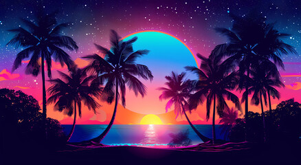 Fototapeta na wymiar Neon vaporwave sunset with palm trees
