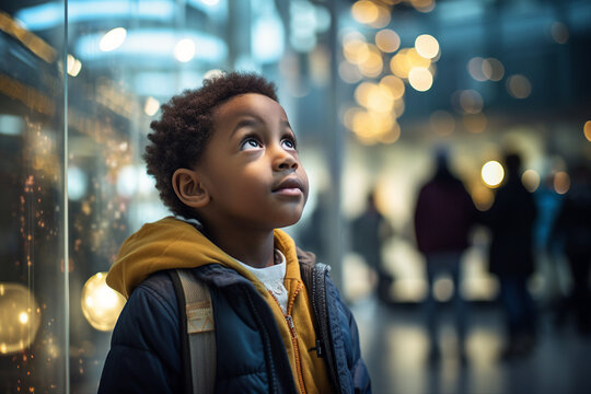 Curious smiling lovely child exploring a museum exhibit with wide eyes of wonder generative ai