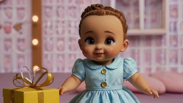 child doll with christmas gift
