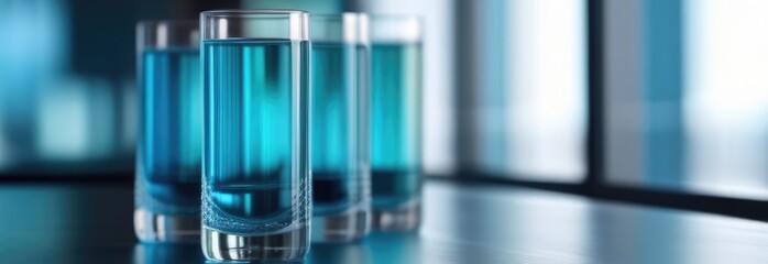 Several glasses with blue water on table against a blurred background. Cope space. Place for text.