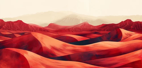 Tuinposter Artistic digital watercolor of a desert with vibrant burgundy sands under a calm olive dusk sky © digi