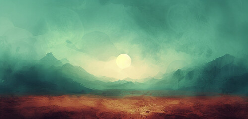 Artistic digital watercolor image of a desert with rich burgundy sands under a tranquil teal dusk sky - obrazy, fototapety, plakaty