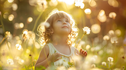 little girl on the meadow in spring day ,Wonder-filled moments of childhood exploration and laughter, igniting the imagination