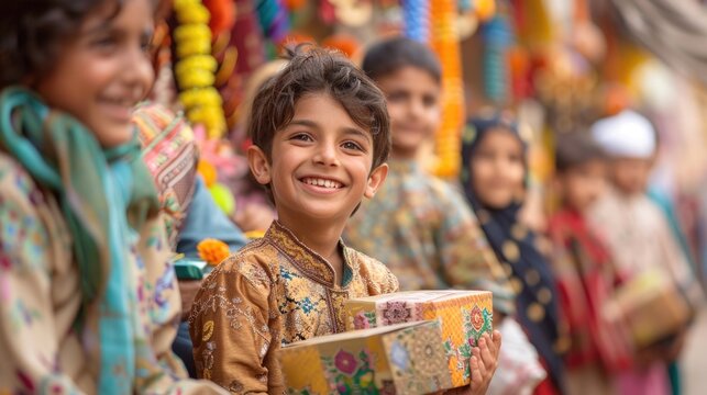 Children excitedly receiving Eidi, traditional gifts of money, from elders against a backdrop of Eid decorations for Eid al Fitr.