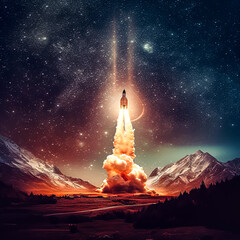 A rocket is launching into space with a trail of smoke behind it. The sky is filled with stars and the mountains in the background are covered in snow. Concept of adventure and exploration - obrazy, fototapety, plakaty