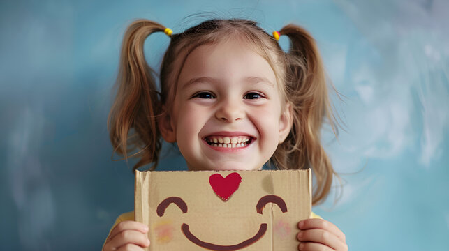 A little girl, smiling with her mouth open, holds in her hands a cardboard love smile with hearts instead of eyes, covering part of her face with them. World emoji day. Anthropomorphic smile Face