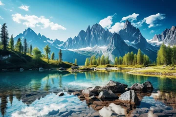 Foto op Canvas Rocky mountain sky background with a crystal-clear alpine lake © KerXing