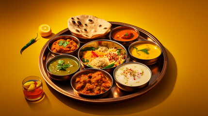 A  image of a traditional Indian thali on a warm yellow background, highlighting the variety of dishes.