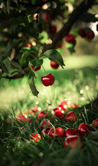 Obraz premium Bright red cherries scattered on the grass beneath a cherry tree.