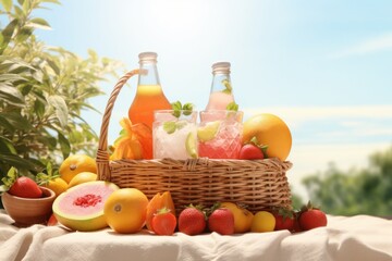 Summer mockup featuring a picnic basket, fruits, and refreshing drinks