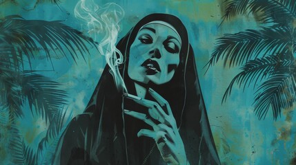 Fototapeta na wymiar Nun Smoking Cigarette in the Rockabilly Poster Style with Green, Blue and Black Color Scheme Touch created with Generative AI Technology