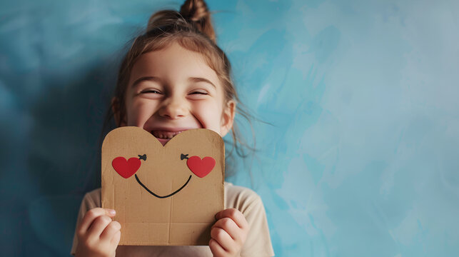 A little girl, smiling with her mouth open, holds in her hands a cardboard love smile with hearts instead of eyes, covering part of her face with them. World emoji day. Anthropomorphic smile Face