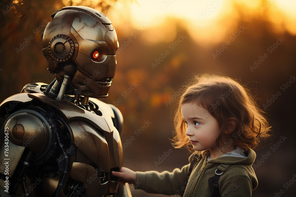 Poster generative ai image photo of little cute boy playing with his artificial intelligence robot friend
